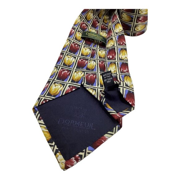 DORMEUIL Yellow Burgundy Floral Silk Tie HandMade Italy 59"/ 3.9" EC - Picture 4 of 5